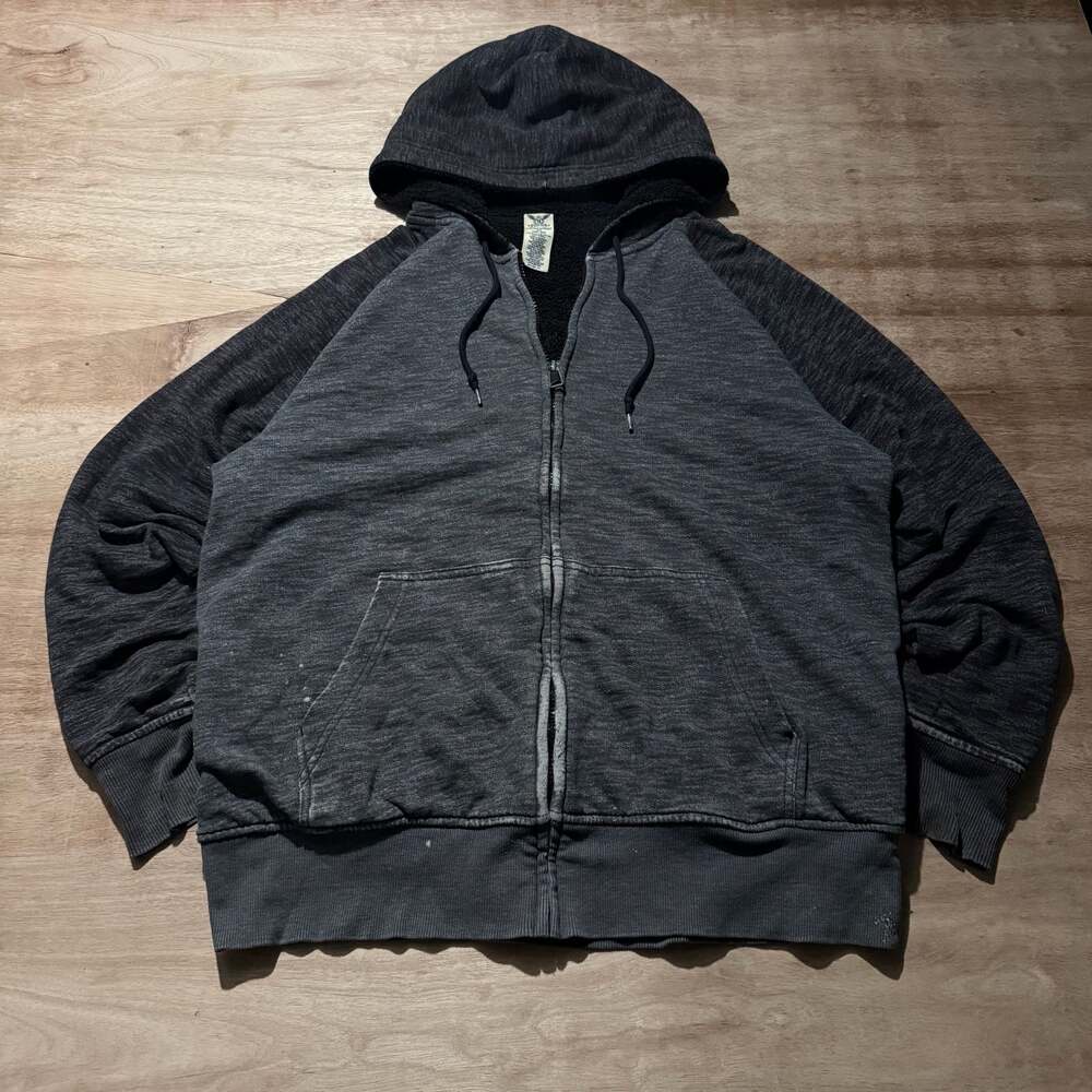 Y2K Style Faded Glory Sherpa Lined Zip Up Hoodie Medium Black Gray Grunge Skater